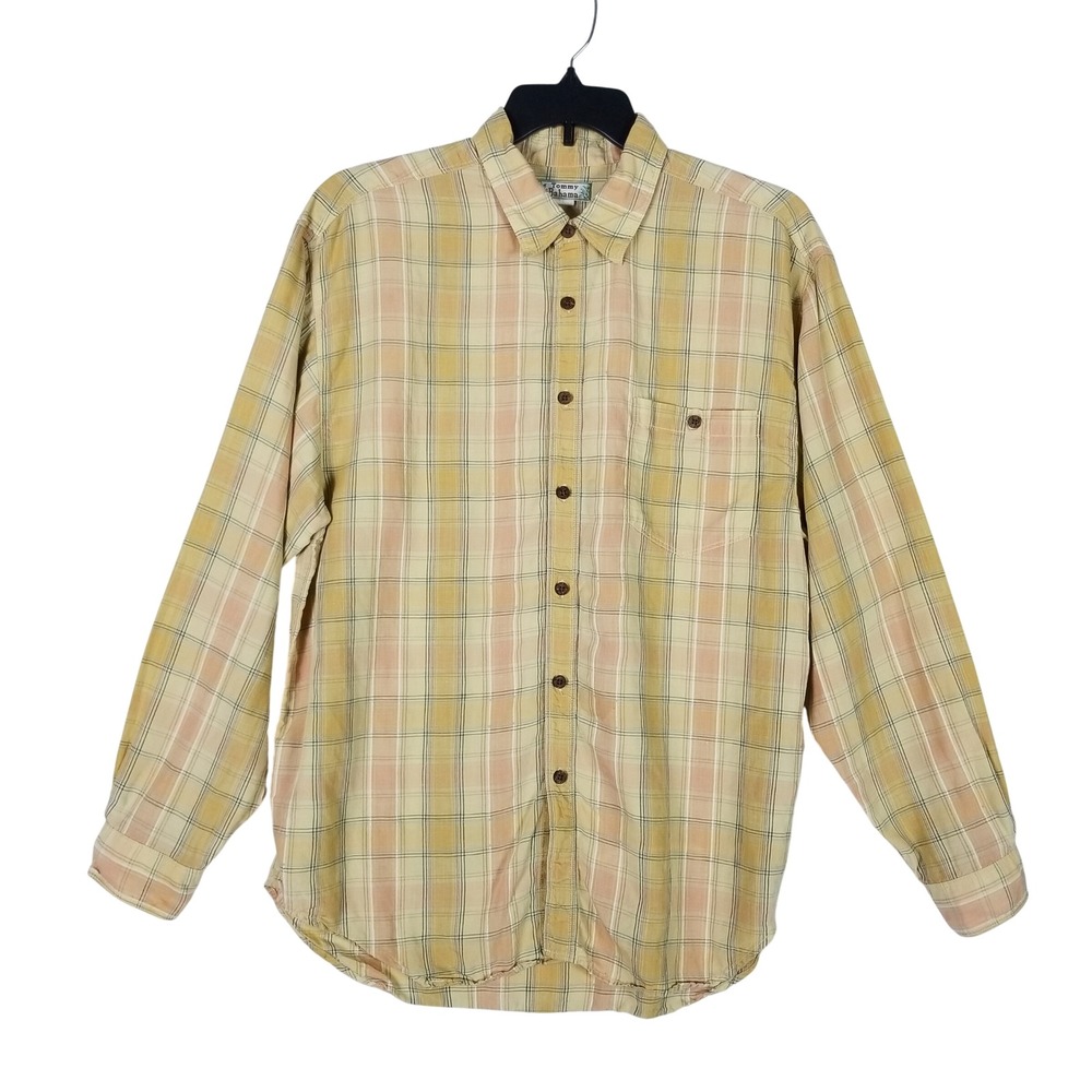 Tommy Bahama Button Down Mens Large Yellow Plaid Tencel Linen Long Sleeve Shirt